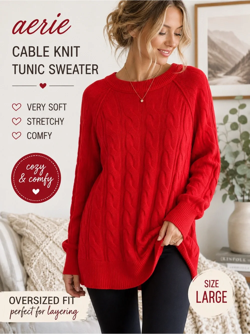 Aerie Soft Cable Knit Tunic Sweater Red Oversized Cozy Stretch Large